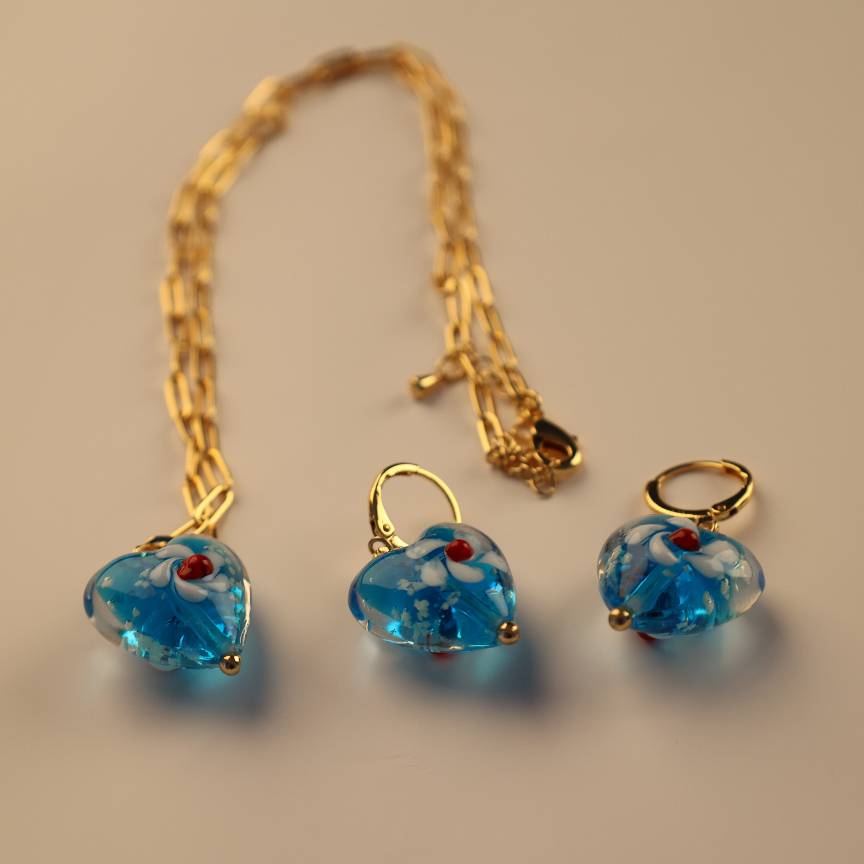 Heart Shaped, Blue Glazed Gold Plated Chain Jewelry Set